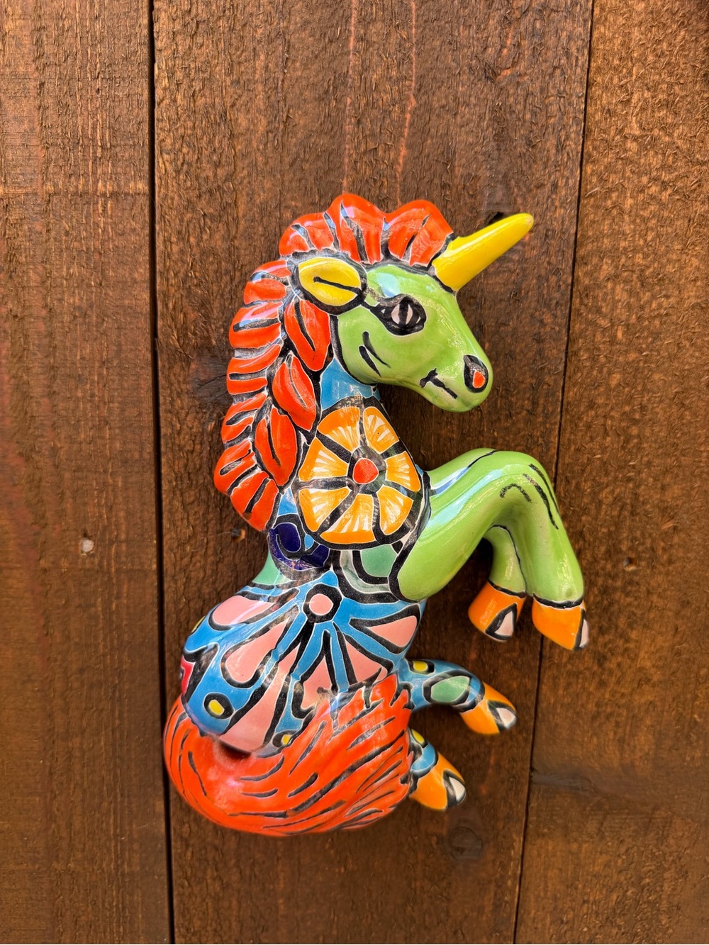 Hand-Painted Talavera Green and Orange Unicorn Wall Accent
